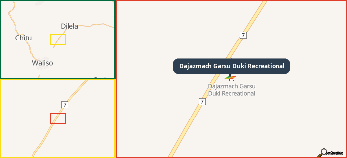 Map showing the address of Dajazmach Garsu Duki Recreational in three different zoom levels.