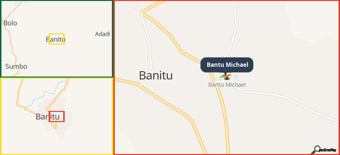Map showing the address of Bantu Michael in three different zoom levels.