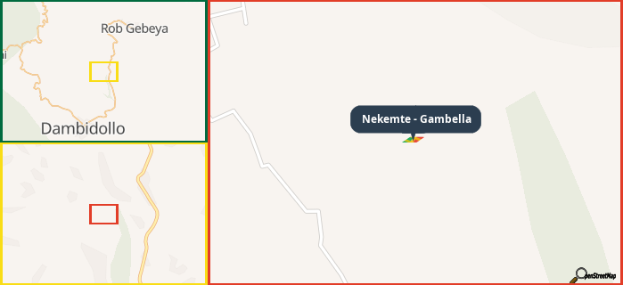 Map showing the address of Nekemte - Gambella in three different zoom levels.