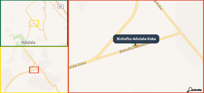 Map showing the address of Bishoftu-Adulala-Koka in three different zoom levels.