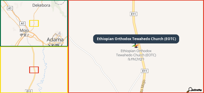 Map showing the address of Ethiopian Orthodox Tewahedo Church (EOTC) in three different zoom levels.