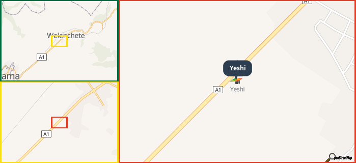 Map showing the address of Yeshi in three different zoom levels.