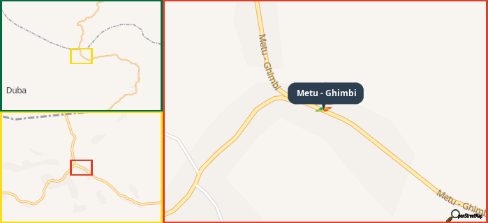 Map showing the address of Metu - Ghimbi in three different zoom levels.