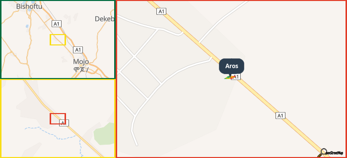 Map showing the address of Aros in three different zoom levels.