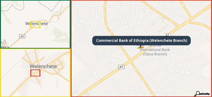Map showing the address of Commercial Bank of Ethiopia (Welenchete Branch) in three different zoom levels.