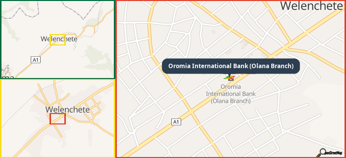 Map showing the address of Oromia International Bank (Olana Branch) in three different zoom levels.