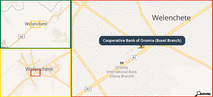 Map showing the address of Cooperative Bank of Oromia (Boset Branch) in three different zoom levels.