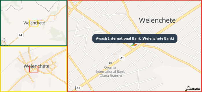 Map showing the address of Awash International Bank (Welenchete Bank) in three different zoom levels.