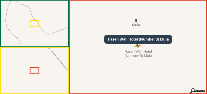 Map showing the address of Hasen Wali Hotel (Number 3) Mula in three different zoom levels.