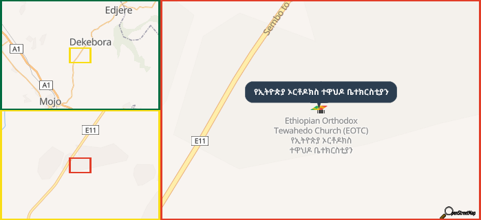 Map showing the address of የኢትዮጵያ ኦርቶዶክስ ተዋህዶ ቤተክርስቲያን in three different zoom levels.