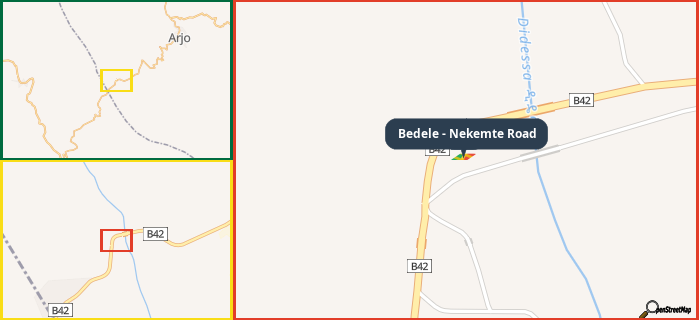 Map showing the address of Bedele - Nekemte Road in three different zoom levels.