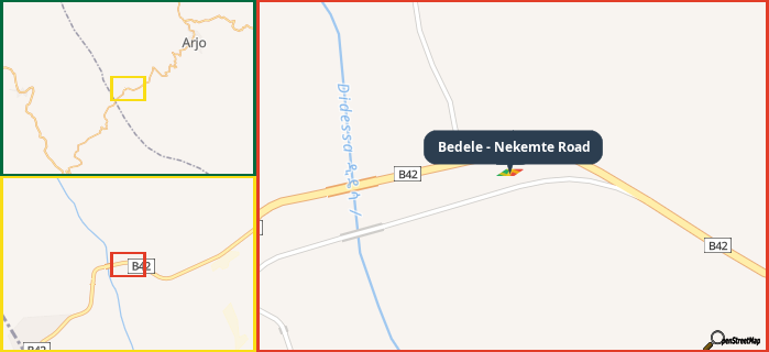 Map showing the address of Bedele - Nekemte Road in three different zoom levels.