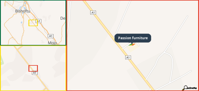 Map showing the address of Passion furniture in three different zoom levels.