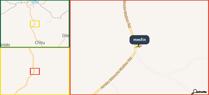 Map showing the address of mesfin in three different zoom levels.