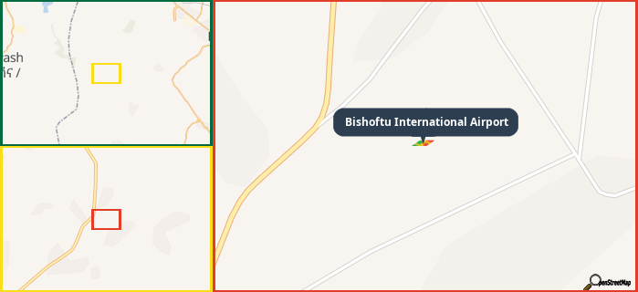 Map showing the address of Bishoftu International Airport in three different zoom levels.
