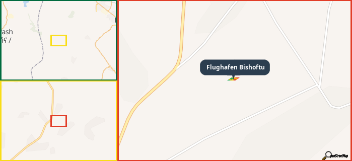 Map showing the address of Flughafen Bishoftu in three different zoom levels.