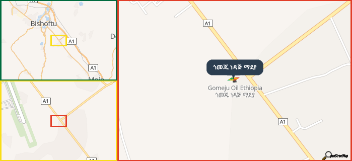 Map showing the address of ጎመጁ ነዳጅ ማደያ in three different zoom levels.