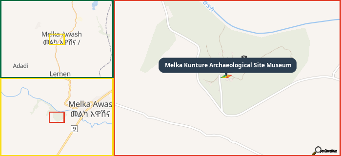 Map showing the address of Melka Kunture Archaeological Site Museum in three different zoom levels.