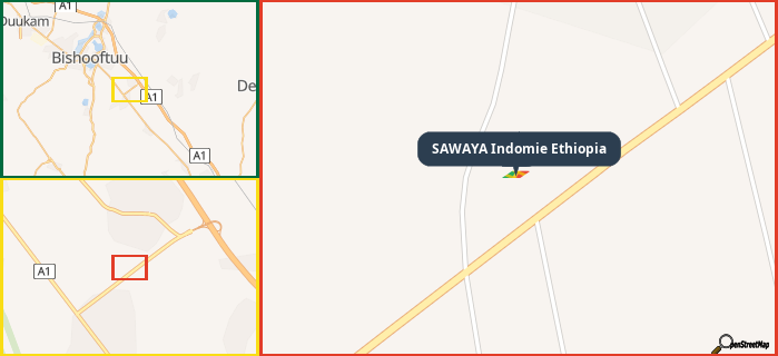 Map showing the address of SAWAYA Indomie Ethiopia in three different zoom levels.