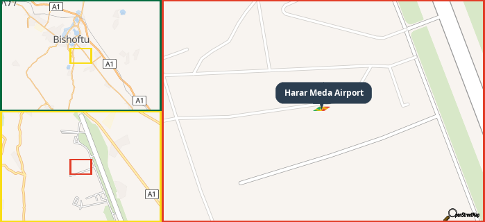 Map showing the address of Harar Meda Airport in three different zoom levels.