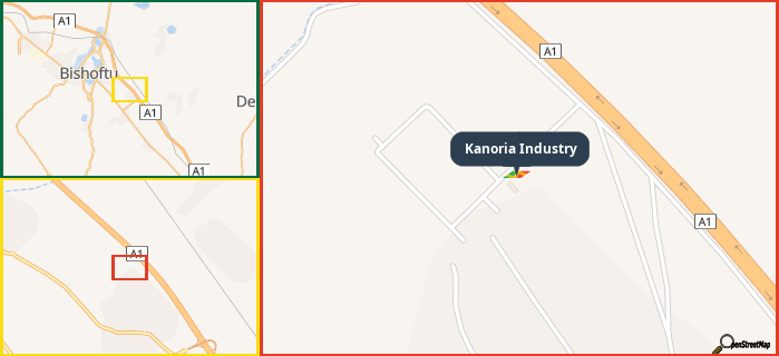 Map showing the address of Kanoria Industry in three different zoom levels.