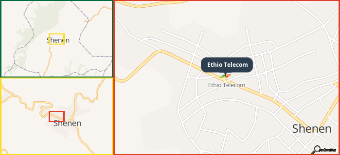 Map showing the address of Ethio Telecom in three different zoom levels.
