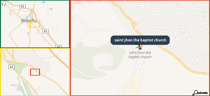 Map showing the address of saint jhon the baptist church in three different zoom levels.