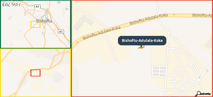 Map showing the address of Bishoftu-Adulala-Koka in three different zoom levels.