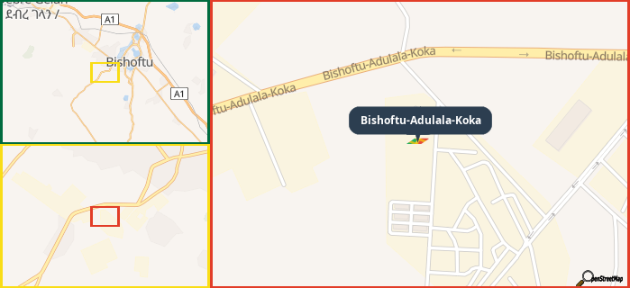 Map showing the address of Bishoftu-Adulala-Koka in three different zoom levels.