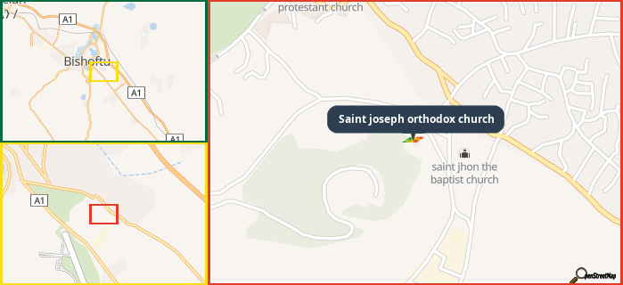 Map showing the address of Saint joseph orthodox church in three different zoom levels.