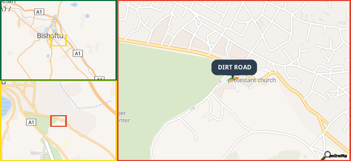 Map showing the address of DIRT ROAD in three different zoom levels.