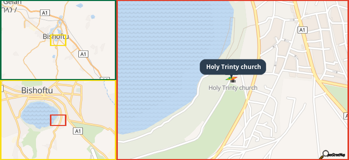 Map showing the address of Holy Trinty church in three different zoom levels.