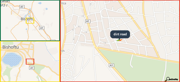 Map showing the address of dirt road in three different zoom levels.