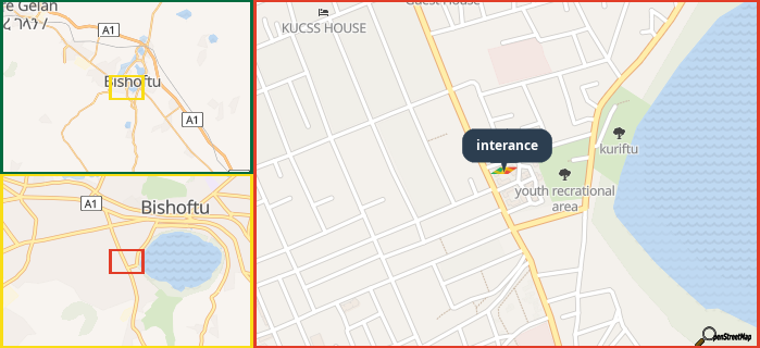 Map showing the address of interance in three different zoom levels.