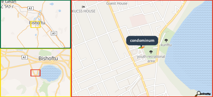 Map showing the address of condominum in three different zoom levels.