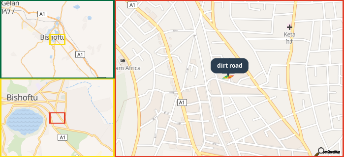 Map showing the address of dirt road in three different zoom levels.