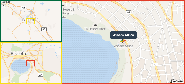 Map showing the address of Asham Africa in three different zoom levels.