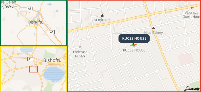 Map showing the address of KUCSS HOUSE in three different zoom levels.