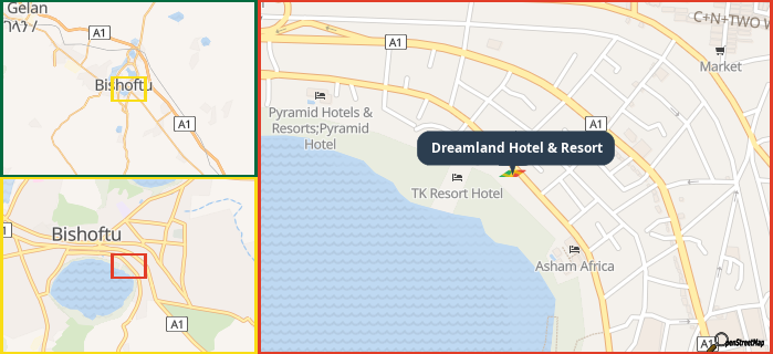 Map showing the address of Dreamland Hotel & Resort in three different zoom levels.