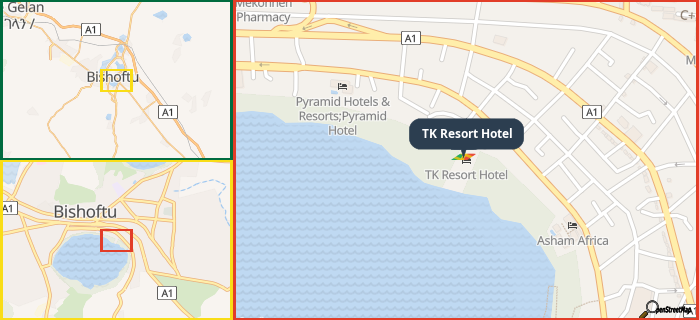 Map showing the address of TK Resort Hotel in three different zoom levels.