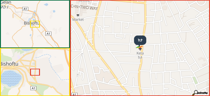 Map showing the address of ከታ in three different zoom levels.