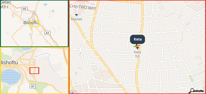 Map showing the address of Keta in three different zoom levels.