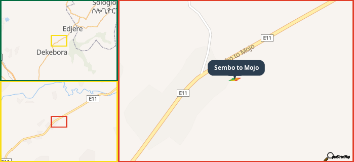 Map showing the address of Sembo to Mojo in three different zoom levels.