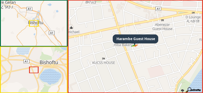 Map showing the address of Harambe Guest House in three different zoom levels.