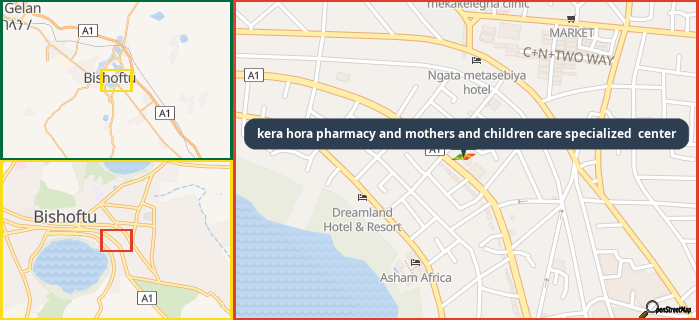 Map showing the address of kera hora pharmacy and mothers and children care specialized  center in three different zoom levels.