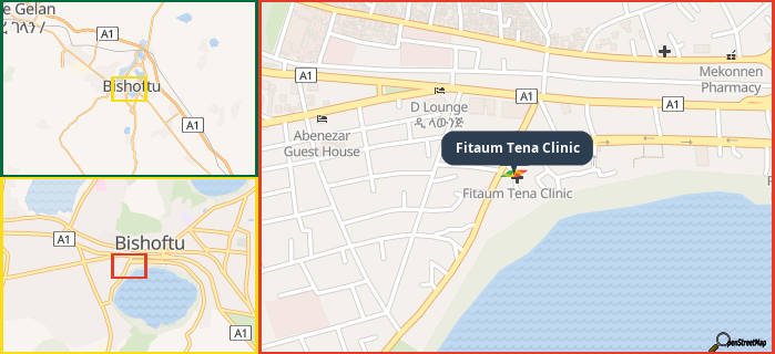 Map showing the address of Fitaum Tena Clinic in three different zoom levels.
