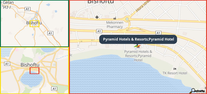 Map showing the address of Pyramid Hotels & Resorts;Pyramid Hotel in three different zoom levels.