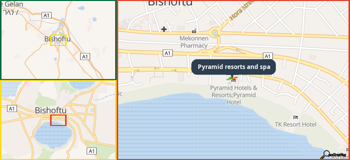 Map showing the address of Pyramid resorts and spa in three different zoom levels.
