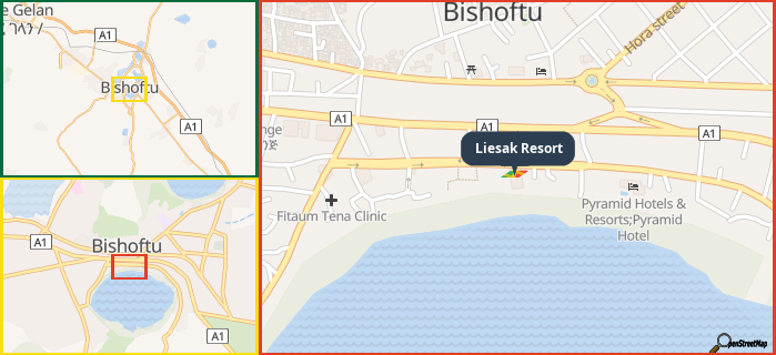 Map showing the address of Liesak Resort in three different zoom levels.