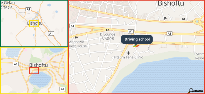 Map showing the address of Driving school in three different zoom levels.